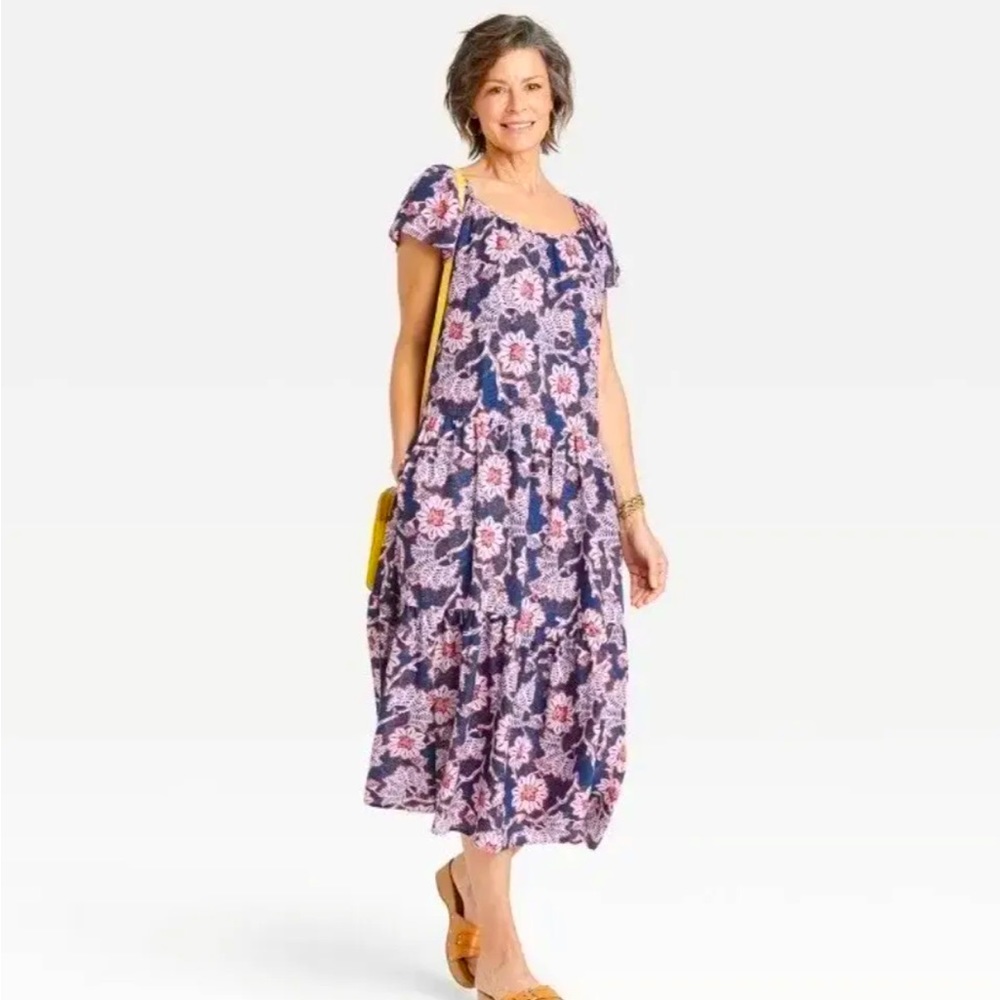 Knox Rose Womens Midi Length Floral Flutter Sleeve A Line Dress Sz Med Pink Blue